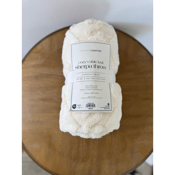Other - Premier Comfort Cozy Cable Knit Sherpa Throw 50x60 Ivory NWT Macy’s